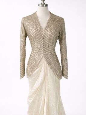 Elegant Couture Gold Beaded Jacket & Ivory Silk Skirt Set (Small)